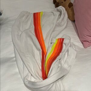 Aviator Nation White and Red Sweatpants with Rainbow Stripes